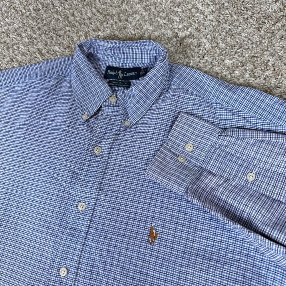 Ralph Lauren Shirt Mens 16.5 Blue Gingham Oxford Button Down Yarmouth Flesh Pony